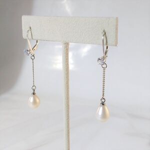 Freshwater Pearl Earrings with Simulated Diamond CZ Dangle Earrings